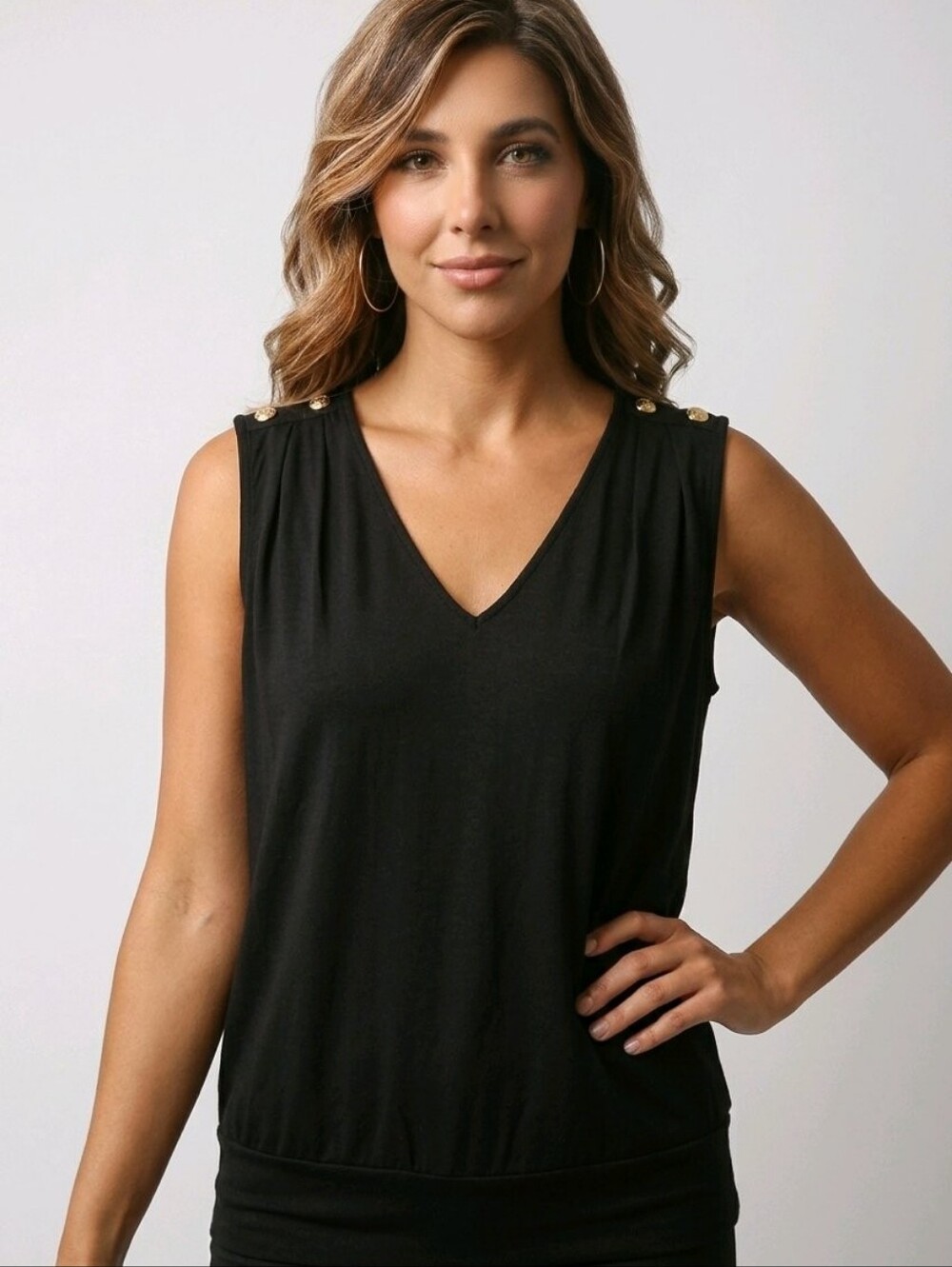 Cable & Gauge Black Sleeveless Blouse with Gold Accents